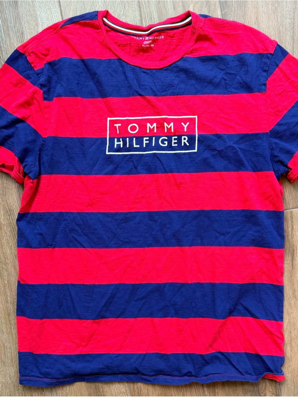 Tommy Hilfiger Red and Navy Striped Logo Short Sleeve Tee